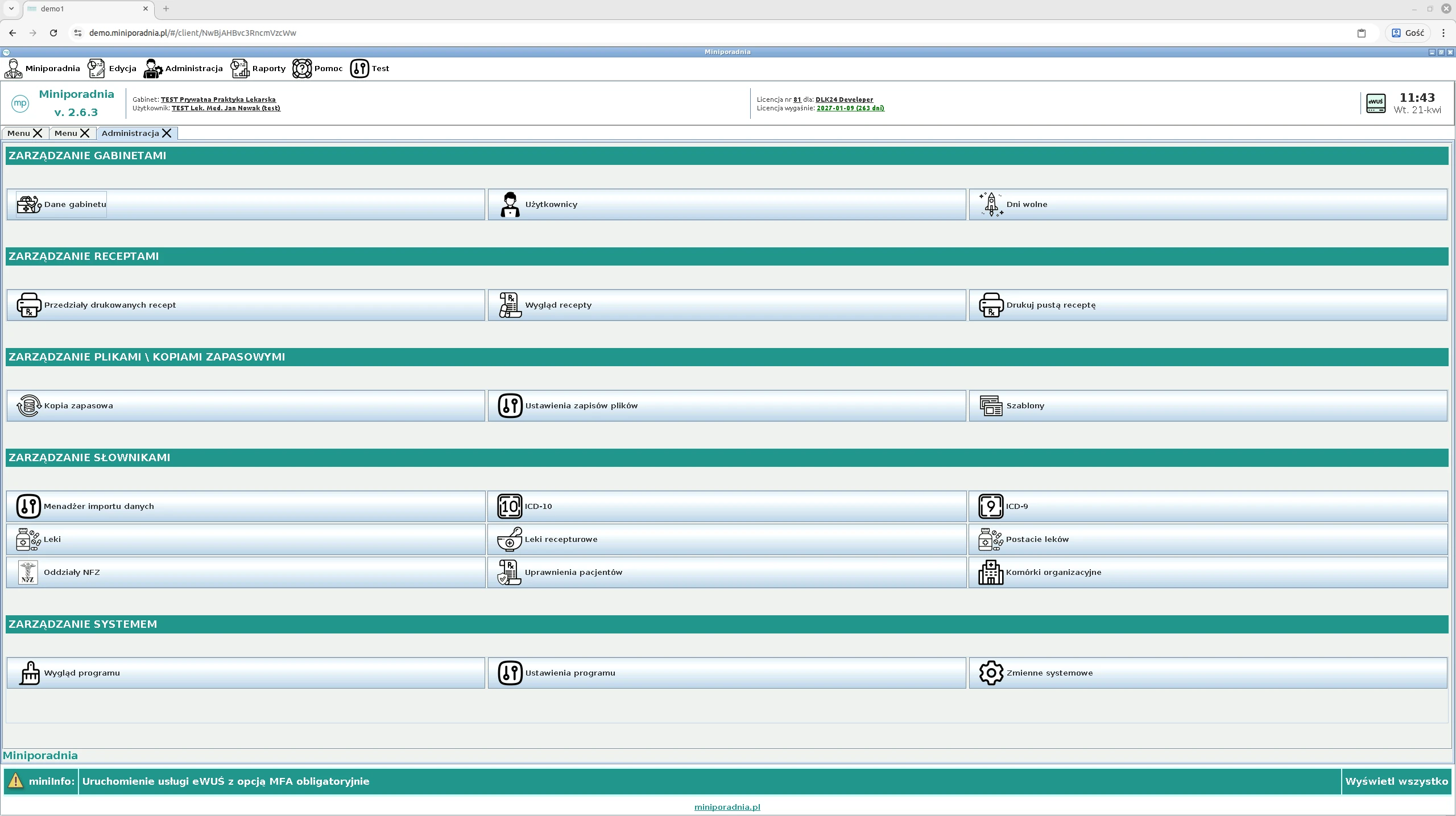 Panel administracyjny programu Miniporadnia